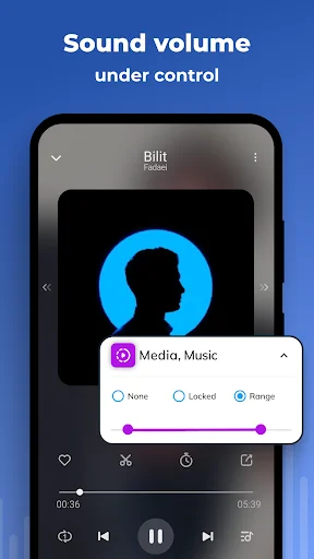 Sound volume control overlay on music player showing media volume range adjustment options