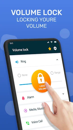 Volume lock main screen with finger tapping lock button to secure ring and alarm volume levels