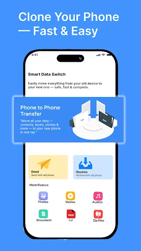 Phone Clone app home screen showing data transfer options including phone-to-phone transfer, contacts, photos, media, documents, and other file backup features