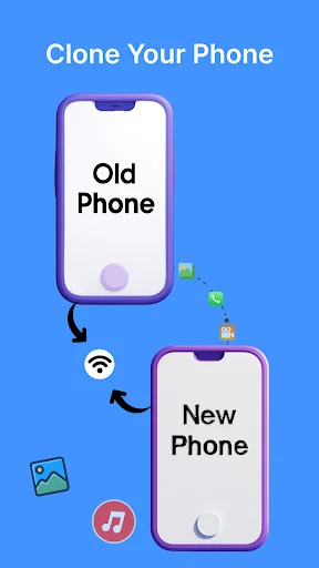 Old and new phone connected via WiFi for wireless data transfer, cloning, and phone migration with file synchronization