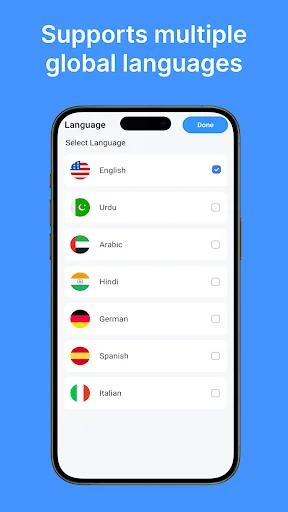 Language selection interface supporting multiple global languages including English, Urdu, Arabic, Hindi, German, Spanish, and Italian