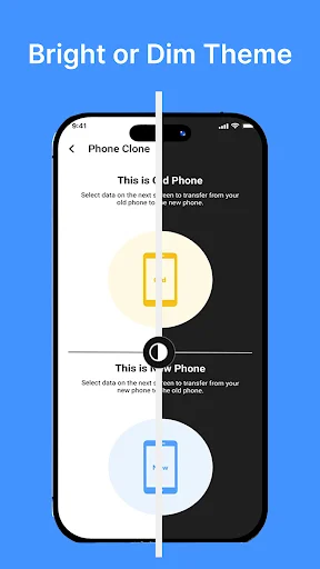 Phone Clone theme selector showing bright and dim mode options to switch between light and dark theme preferences