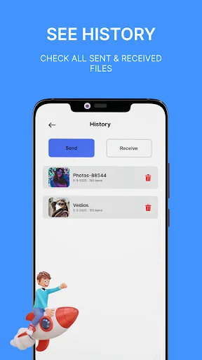 Transfer history log displaying sent and received files including photos and videos with dates, file sizes, and details