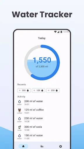 Water Tracker app home screen showing daily hydration progress of 1,550 ml with circular chart and activity log