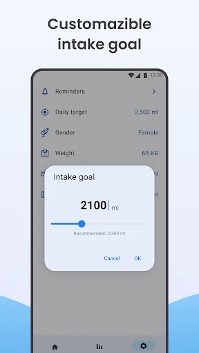 Daily water intake goal customization dialog allowing personalized hydration targets with cancel and OK options