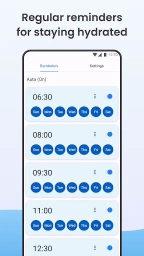 Water reminder schedule screen with customizable hourly alerts from 6:30 AM to 12:30 PM for hydration tracking