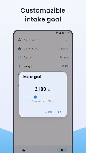Customizable daily water intake goal settings screen with slider to adjust target from 2,100 ml recommended amount