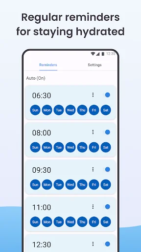 Hydration reminder configuration with auto-reminders enabled showing multiple daily notification times by day of week