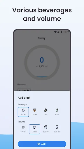 Beverage logging modal with drink type icons and volume presets ranging from 100 ml to 300 ml servings