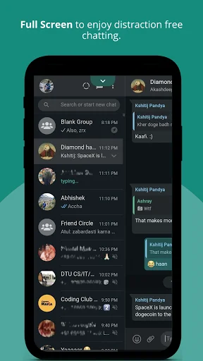 Full screen chat interface showing multiple conversations list with group chats and direct messages