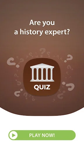 World History Quiz app welcome screen with classical column icon and Play Now button for trivia game