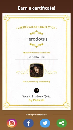 Certificate of completion for World History Quiz awarded to Isabella Ellis with social media sharing options