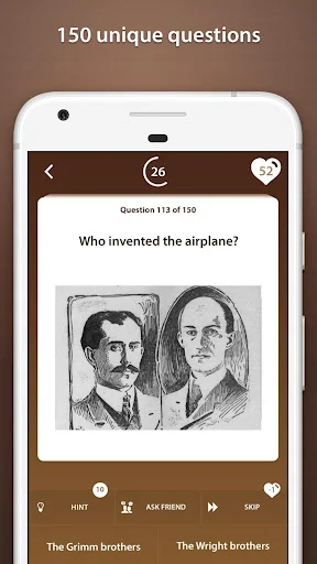 World History Quiz question screen showing airplane inventor question with Wright brothers image and hints
