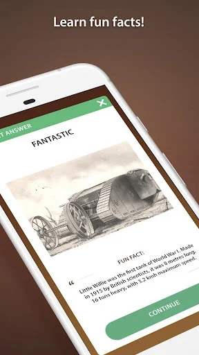 World History Quiz results screen displaying fun fact about George Stephenson's Rocket with continue button