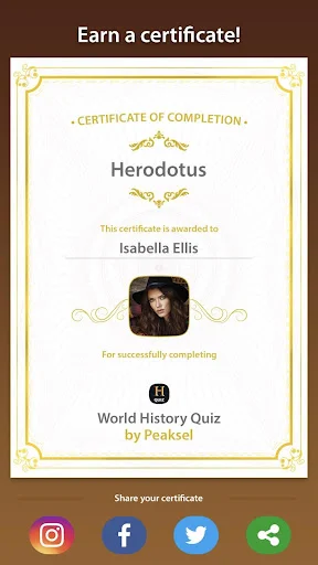 World History Quiz certificate of completion for Herodotus level with social media sharing options