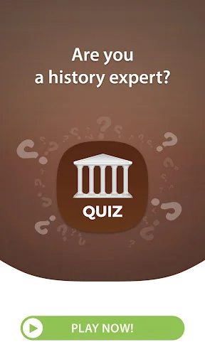 World History Quiz Games welcome screen with 'Are you a history expert?' text, columns icon, and green Play Now button