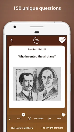 History quiz question 'Who invented the airplane?' with multiple choice answers about the Wright brothers and Grimm brothers